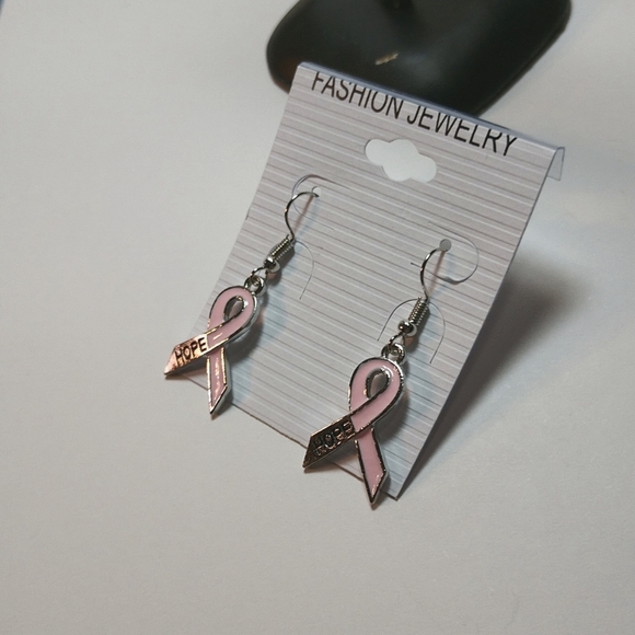 🆕Silver Light Pink Hope Ribbon Enamel Earrings Fish Hook Dangling 1 1/2" - Picture 5 of 7